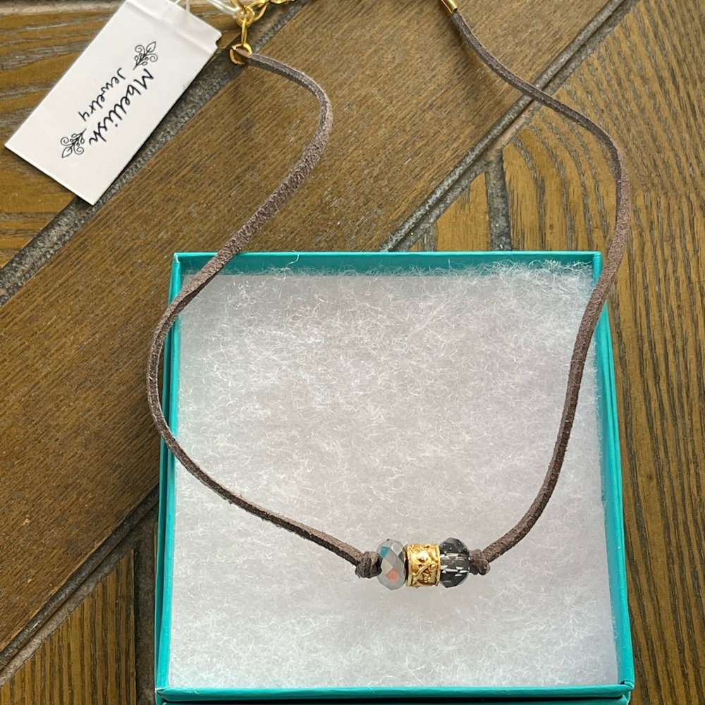 NWT Brown Cord Choker Necklace with Gold and Gray Accents